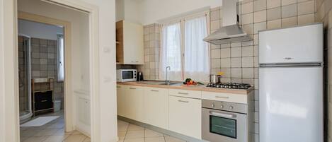 Frigorífico, microondas, horno y placa de cocina