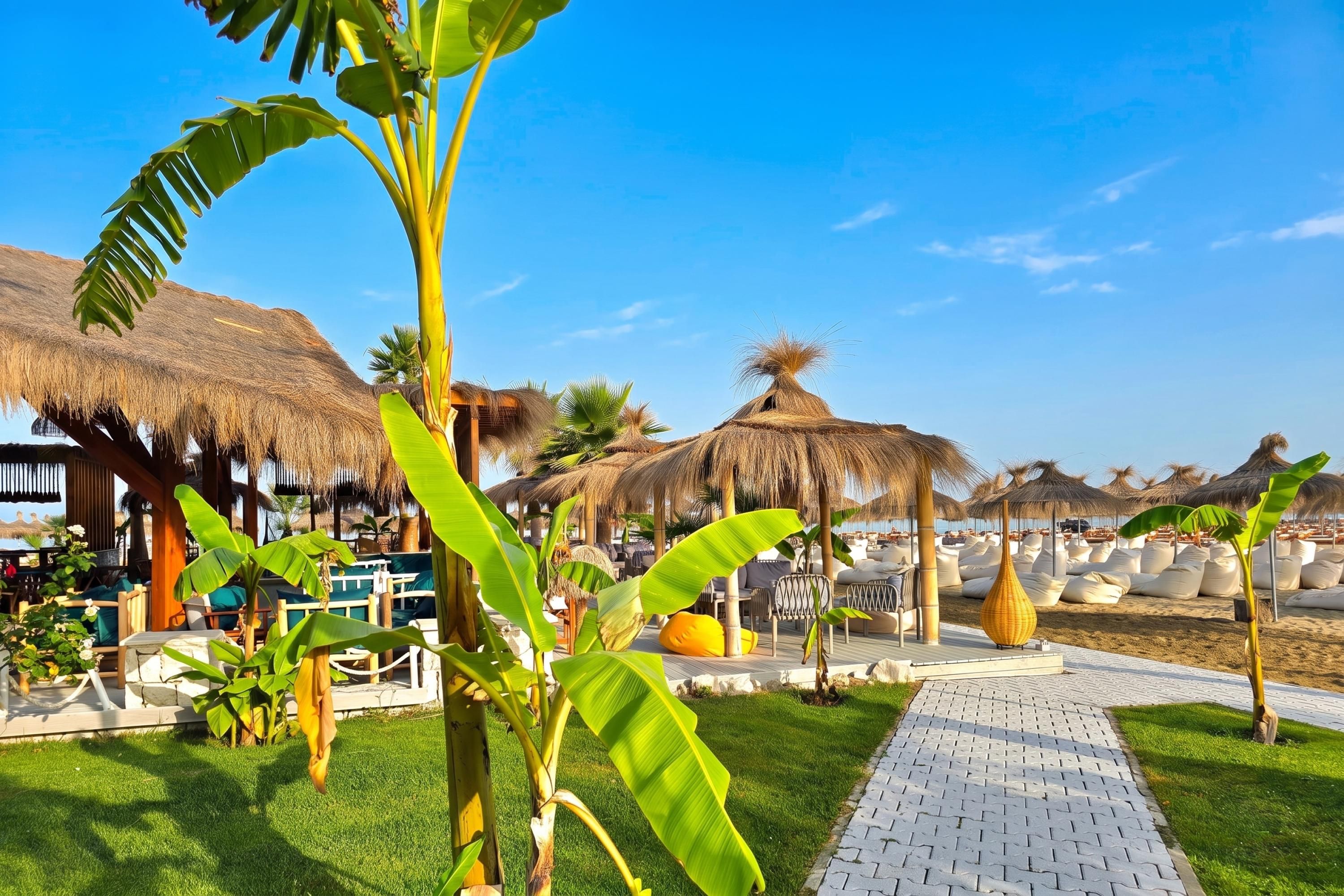 A resort with thatched-roof structures, outdoor seating, and a pathway leading to the beach.