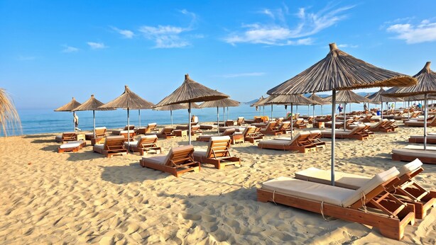 Una playa con sillones de madera y sombrillas de paja.
