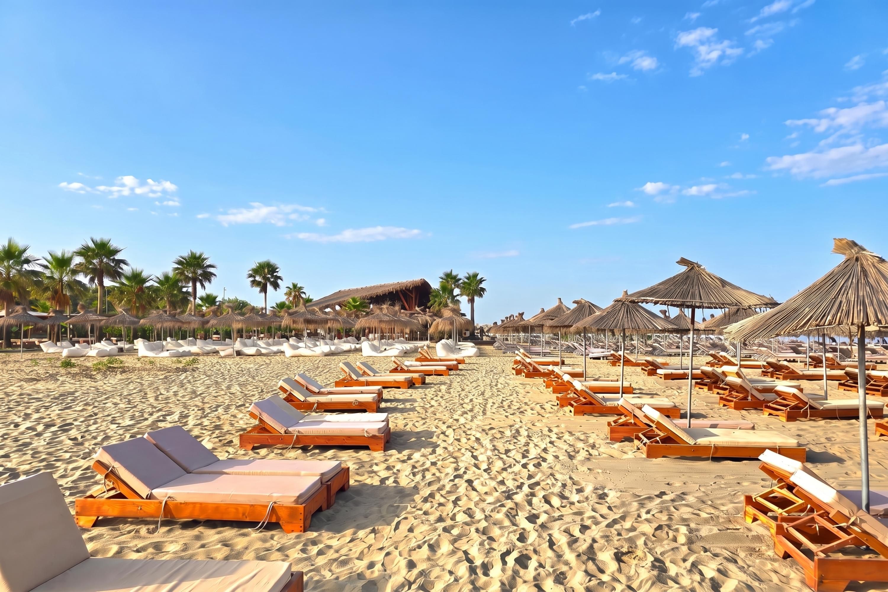 Una spiaggia con file di lettini e ombrelloni di paglia.
