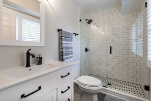 Shower, hair dryer, shampoo