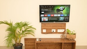 Una consola de madera con un televisor montado encima, una planta en maceta y una cesta de mimbre con una bicicleta.