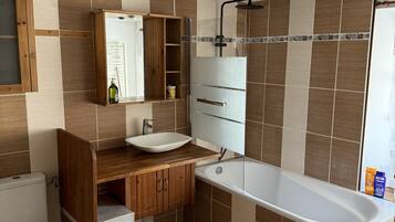 Hair dryer, towels, soap, toilet paper