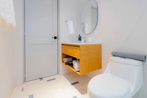 Shower, hair dryer, towels, soap