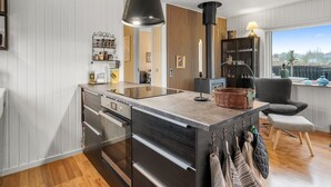 A modern kitchen with a central island, wooden paneling, and a view of the outdoors. - "Fridtjof" - 550m to the fjord by Interhome (Hemmet)