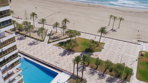 Vista de una playa con piscina, palmeras y un edificio con balcones.