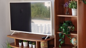 A modern living room with a flat-screen TV on a wooden stand, a small cabinet with drawers, and a shelf with plants and a globe. - Appartement Ensoleillé Avec Grand Balcon, à 3 Minutes de la mer ! (Rogoznica)