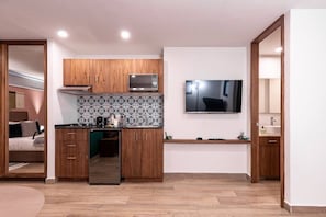 Microwave, stovetop, coffee/tea maker, toaster