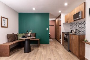 Microwave, stovetop, coffee/tea maker, toaster