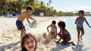 Ein Strand mit Palmen, sandigem Ufer und spielenden Menschen.