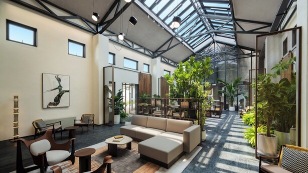 A spacious interior with a high ceiling, large windows, and a variety of seating arrangements including a sofa, chairs, and tables. - Jiangnan House  Yangcheng Lake (Suzhou)