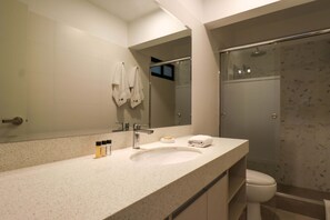 Douche, séchoir à cheveux, serviettes fournies, shampooing