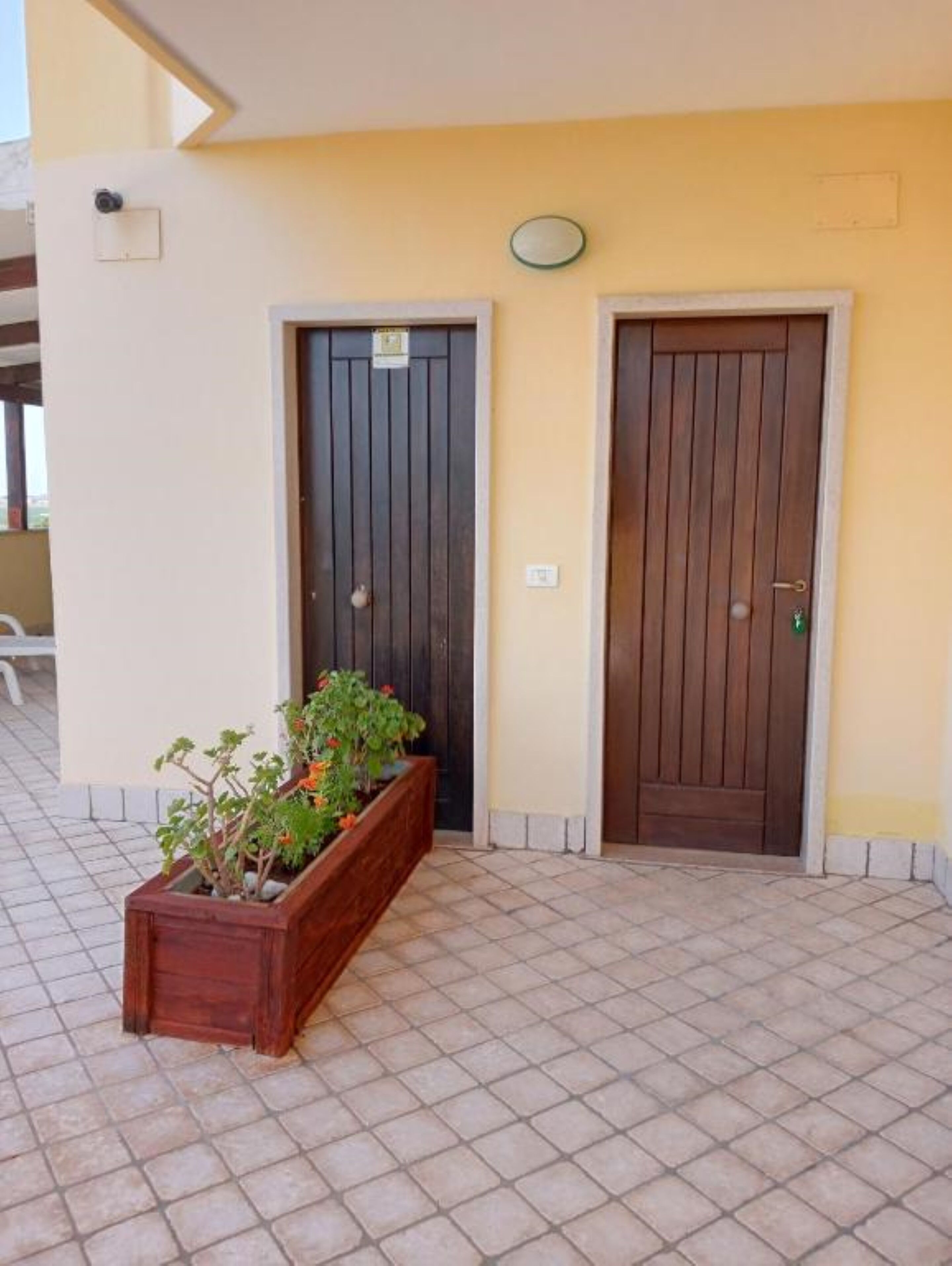 Un edificio con dos puertas de madera, un patio con baldosas y una jardinera con plantas.