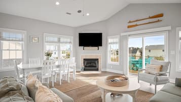 Smart TV, fireplace, table tennis, books