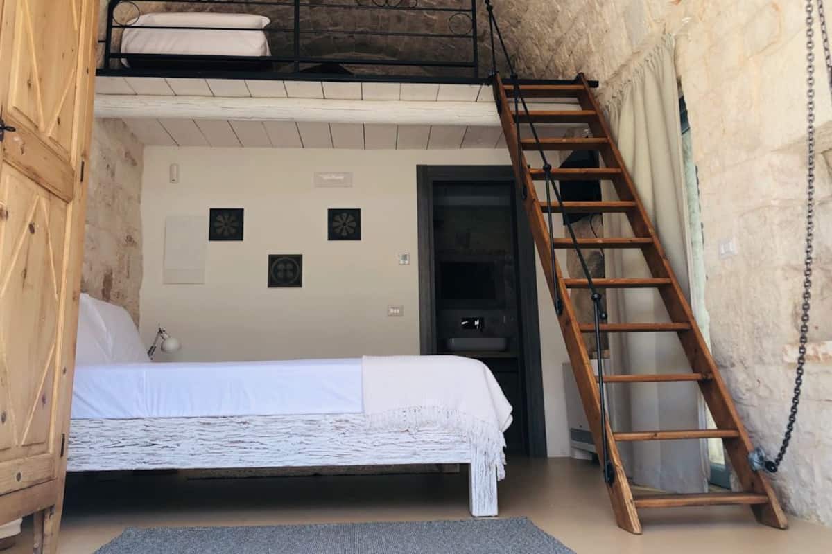 A dormitory room with a bunk bed, a ladder, a desk, and a chair.