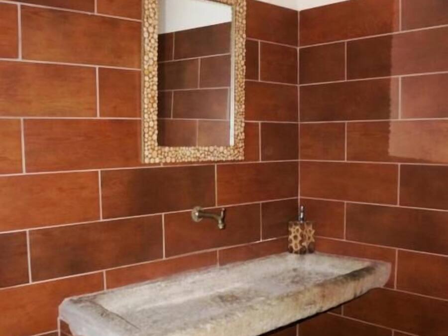 A bathroom with a stone sink, a mirror with a decorative frame, and brown tiled walls.