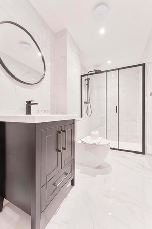 Shower, hair dryer, towels
