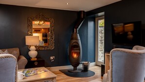 A modern living room with a wood-burning stove, a television, and comfortable seating. - Georgia -  a cottage that sleeps 6 guests  in 3 bedrooms (Richmond)