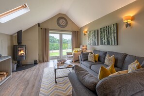 Smart TV, chimenea, estéreo