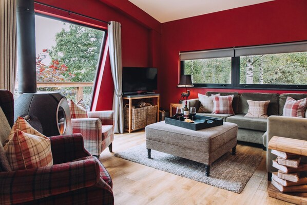 A cozy living room with a red wall, a fireplace, a television, and a sofa with plaid cushions.