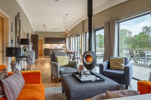 Smart TV, fireplace, stereo