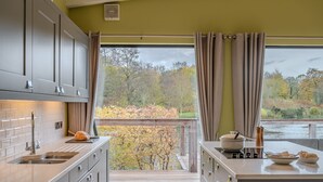 A modern kitchen with grey cabinets, a stainless steel sink, and a view of autumn foliage through large windows. - Louis -  a lodge that sleeps 6 guests  in 3 bedrooms (Richmond)