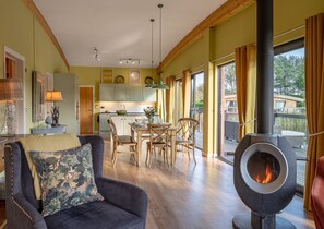 Smart TV, chimenea, estéreo
