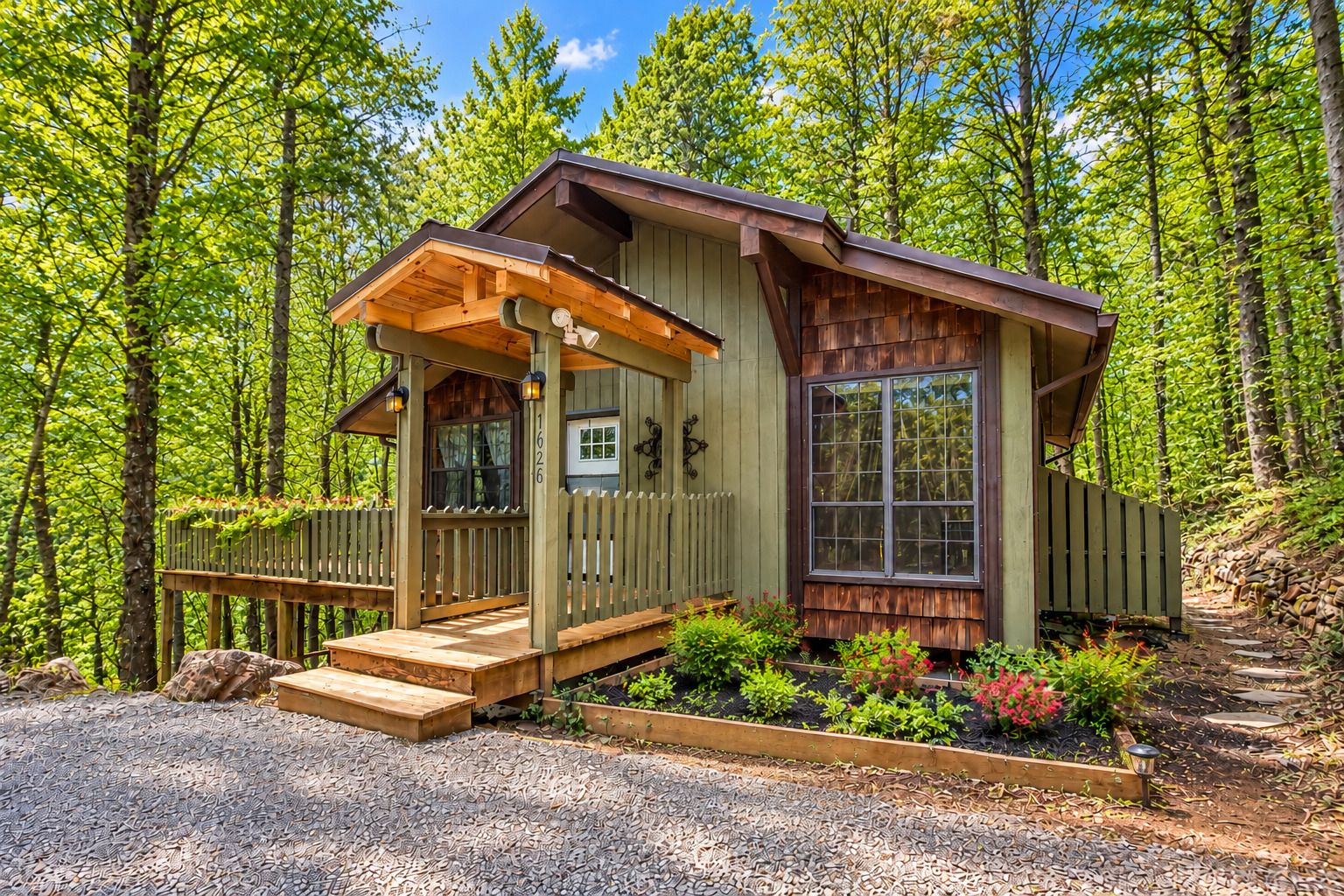 A wooden cabin with a porch, a window, and a door, surrounded by a forest.