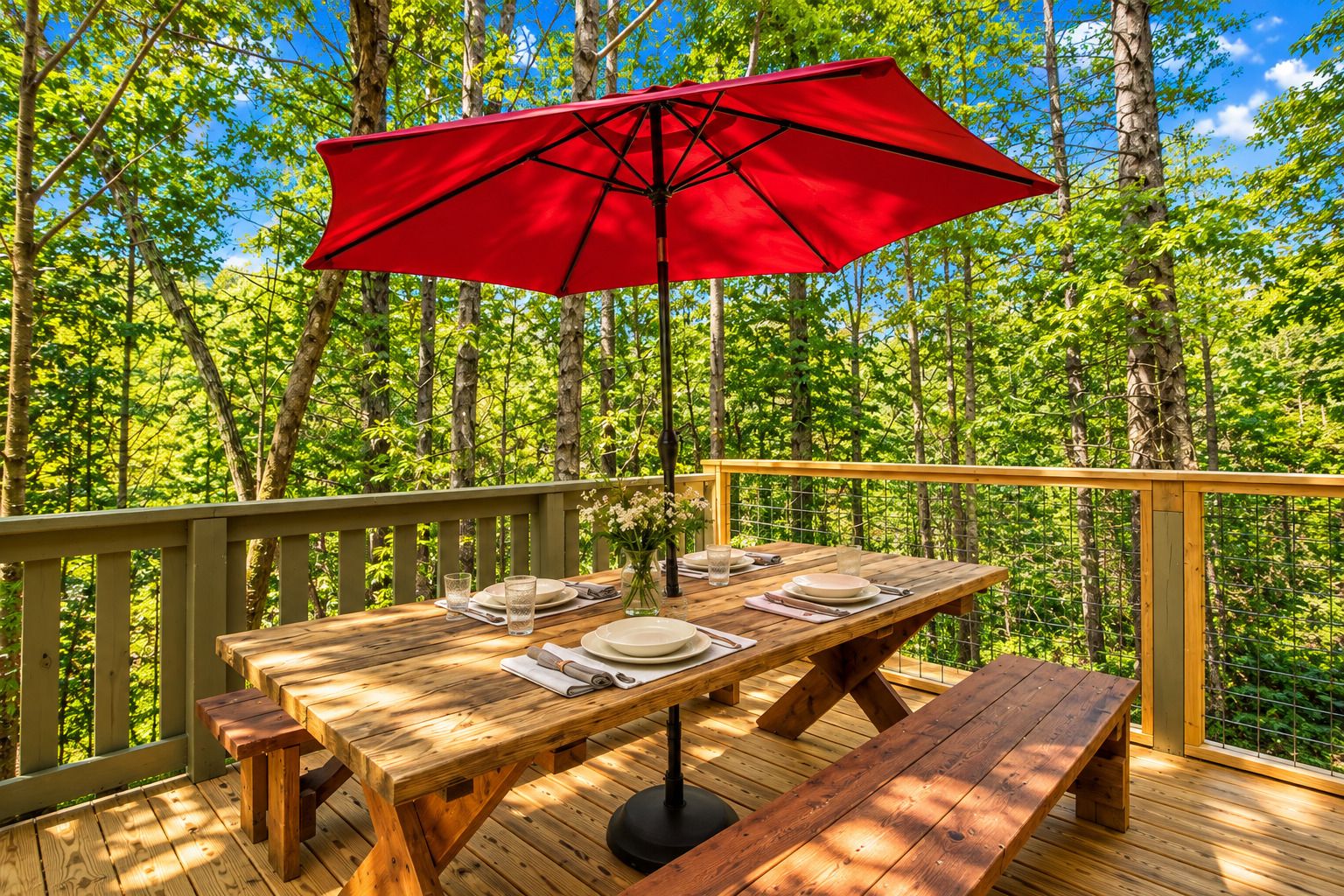 An outdoor wooden deck with a table set for two, a red umbrella, and a forest backdrop.