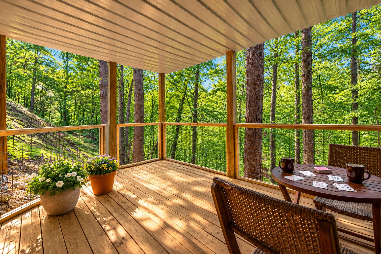 Une terrasse en bois, agrémentée d’une table et de chaises, entourée d’une rambarde en métal, et offrant une vue sur une forêt.