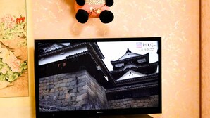 A television displaying a traditional building, a panda plush toy, and a wall with floral patterns. - Himerakuen (Matsuyama)