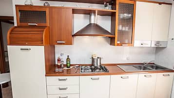 Fridge, microwave, stovetop, cookware/dishes/utensils