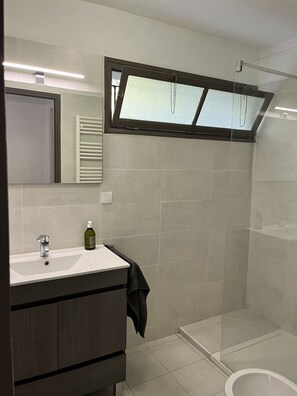 Shower, hair dryer, bidet, toilet paper