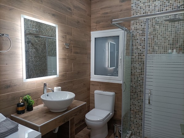Shower, hair dryer, towels, soap