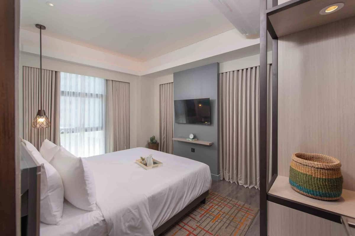 Habitación de hotel con cama, televisión, una mesita, planta y ventana con cortinas.