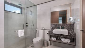 Un baño moderno con ducha envuelta en vidrio, inodoro, lavabo con encimera de mármol y espejo.
