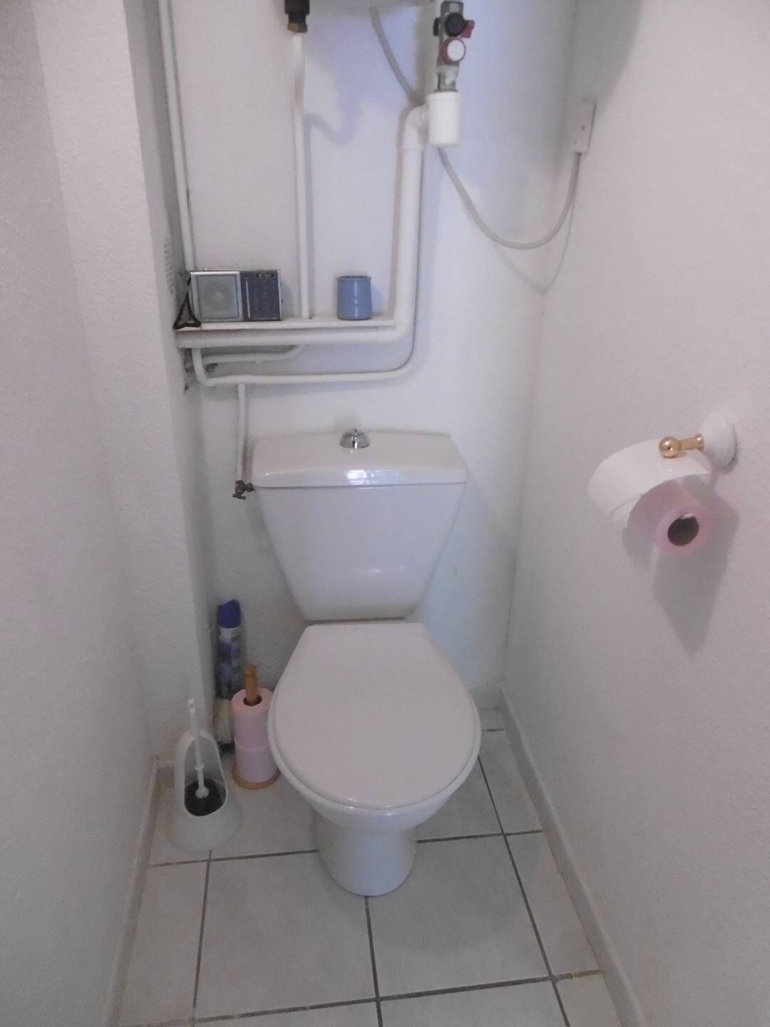 Une petite salle de bain blanche, avec des toilettes, une étagère sur laquelle se trouve une boîte de mouchoirs et un porte-rouleau de papier toilette.
