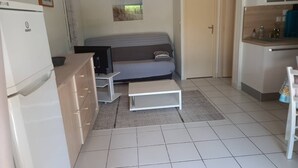 Ein kompakter Wohnraum mit Küchenzeile, einer Couch, einem Couchtisch und einem kleinen Fernseher.