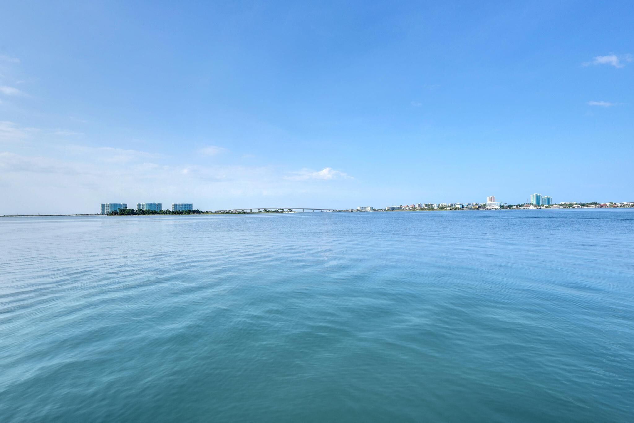 A calm waterfront with a bridge and high-rise buildings in the background.