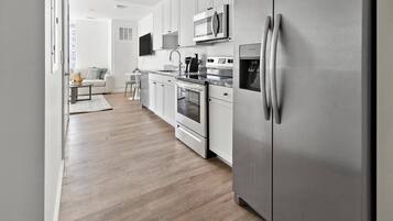 Fridge, dining tables