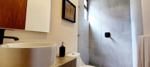 Chuveiro, secador de cabelo, shampoo 