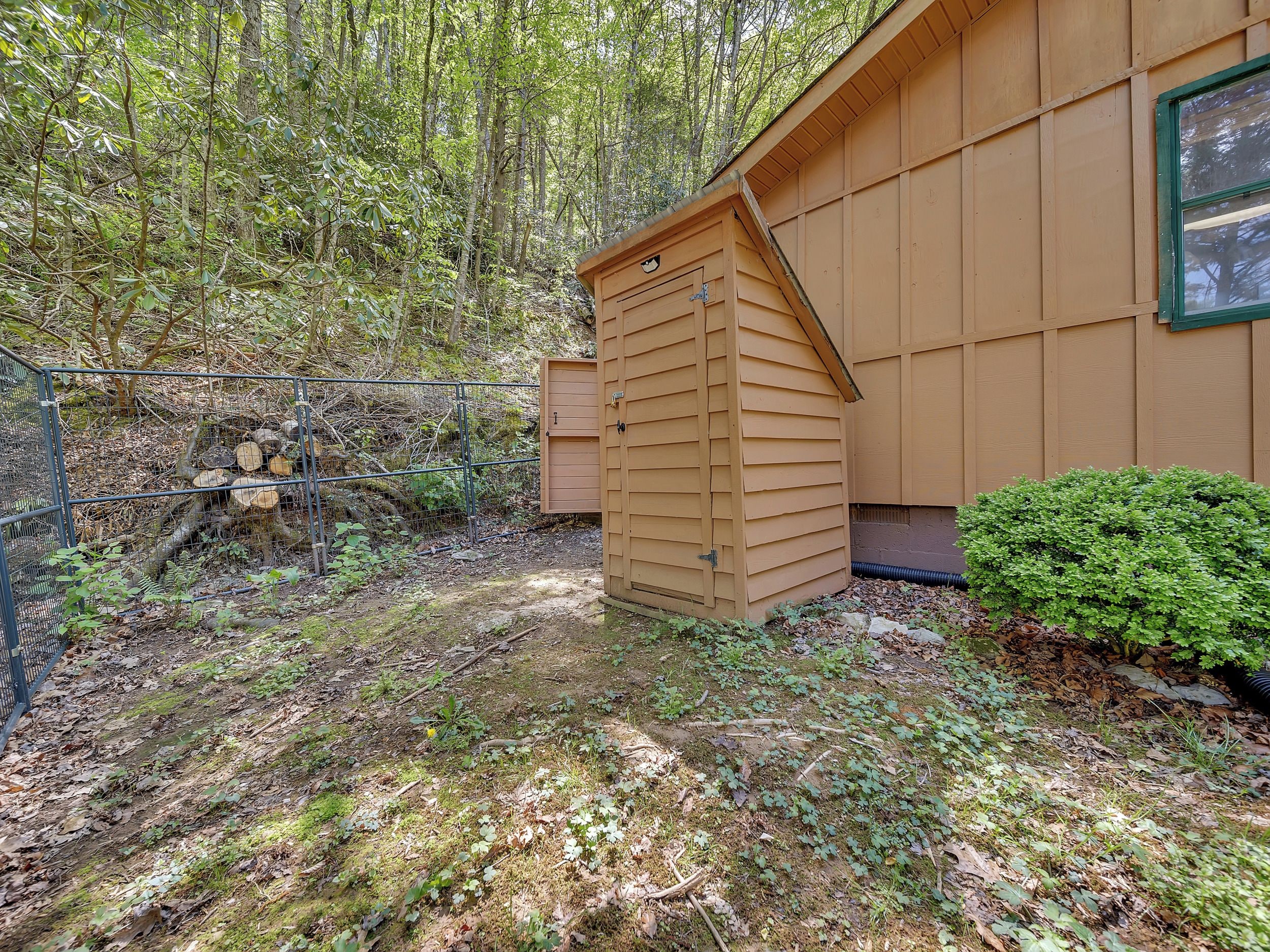 A wooden shed with a slanted roof, a metal fence, and a green bush.
