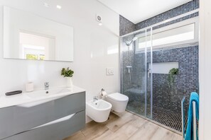Shower, hair dryer, towels