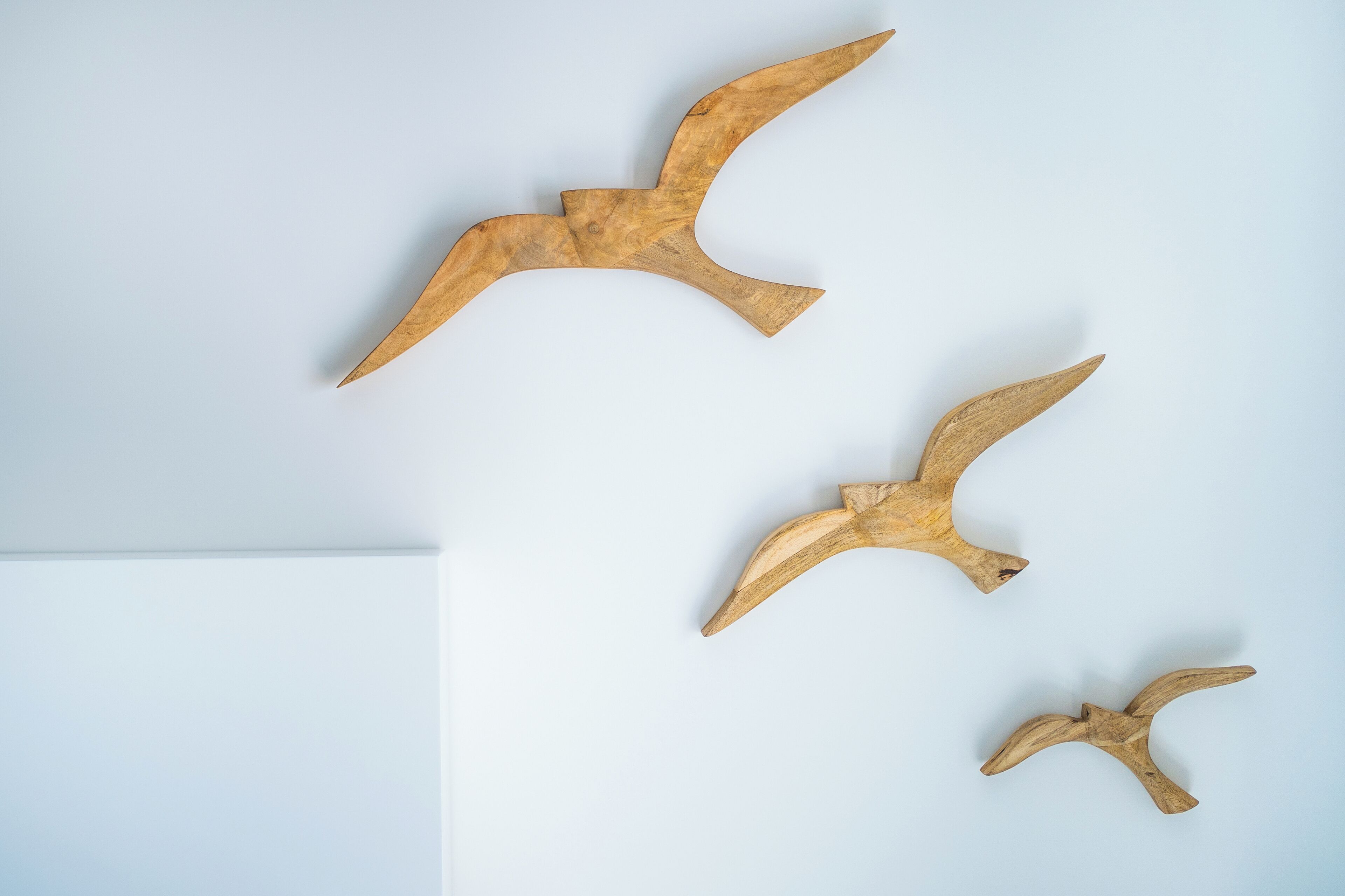 Three wooden bird sculptures on a white wall.