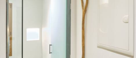 Un pasillo con una puerta de cristal que da a una habitación, una escultura de madera en la pared y un interruptor de luz.