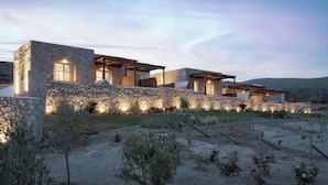 A modern house with stone walls and multiple windows, surrounded by a landscaped garden. - Horizon Suites Milos (Milos)