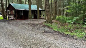 A cabin with a metal roof and wooden walls, surrounded by a forest. - Glady Hideaway (Bowden)