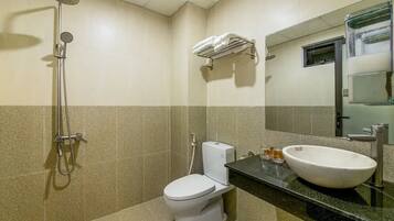 Hair dryer, towels, soap, shampoo