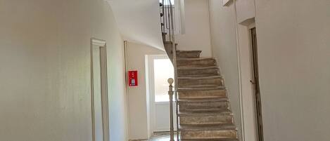 A hallway with patterned floor tiles, a staircase with a handrail, and a decorative ceiling medallion.