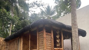 Una casa de madera tradicional con techo de paja, rodeada de exuberante vegetación y una palmera.